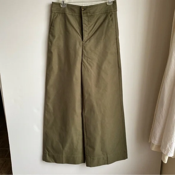 J. Crew Wide Leg Cotton Blend Dark Olive Green Trousers Size 6 - Picture 1 of 10